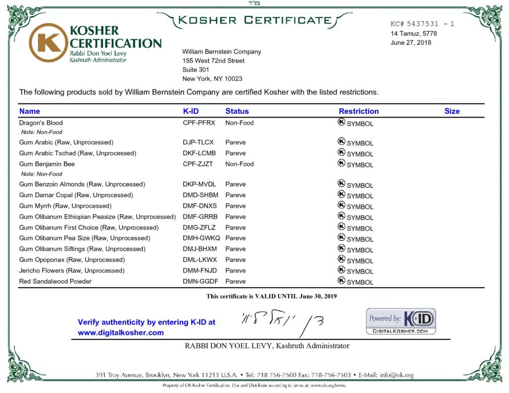 OK Kosher Certification William Bernstein Company